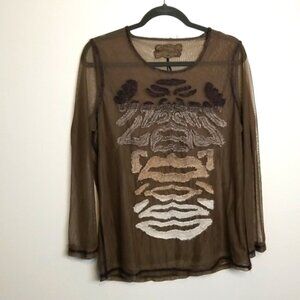 Luisa Cerano women's scoop neck mesh long sleeve ombre pattern blouse size Large